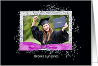 Graduation party photo card-pink ribbon with glitter effects card