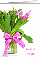 Twin Sister’s Birthday pink tulip bouquet with polka dot bow card