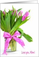Pink Tulip Bouquet with Polka Dot Bow for Mom’s Birthday card
