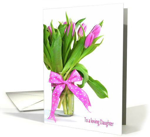 Pink Tulip Bouquet with Polka Dot Bow for Daughter's Birthday card