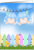 Twin Boy Birth Annoucement - baby boys hanging on clothesline card