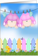 Twin Girls Birth Annoucement - baby girls hanging on clothesline card