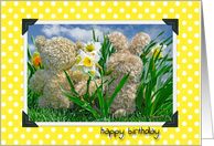 Friend’s Birthday, teddy bear and bunny in daffodil garden card