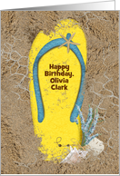 birthday with personal name, yellow flip flop with seashells in sand card