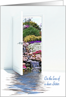 loss of Sister sympathy, white open door with waterfall in garden card