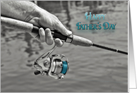 Father’s Day, man holding a fishing pole in selective color card