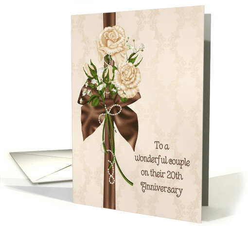 20th Wedding Anniversary, rose bouquet and pearls on damask card