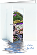 Loss of Uncle sympathy open door with waterfalls in rock garden card