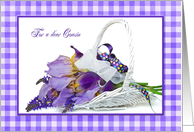 Birthday for Cousin - iris bouquet in white wicker basket card