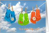 Step Mom’s Birthday, flip flops on clothesline with daisies card