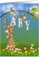 Baby Boy congratulations jungle monkeys with giraffe card