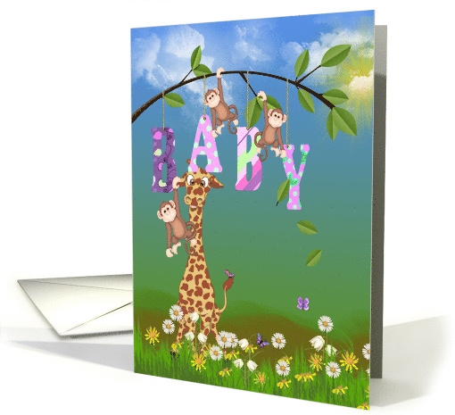 New Baby Girl congratulations giraffe and monkeys with daisies card