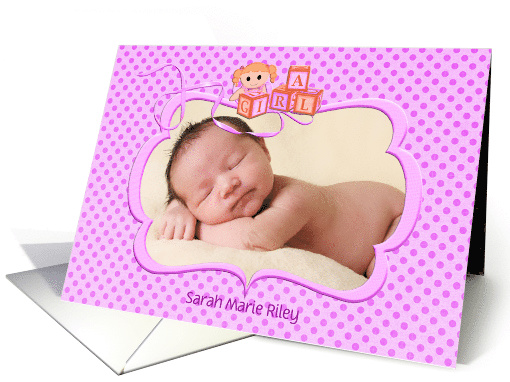 Baby Girl Announcement photo card with doll on pink polka... (1122772)