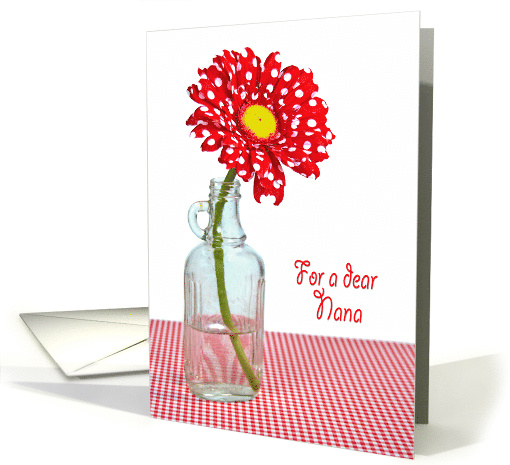 Nana's Birthday red and white polka dot daisy in an old bottle card