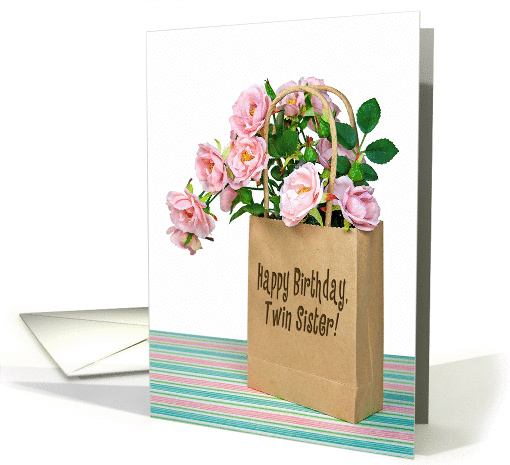 Twin Sister's Birthday - pink roses in brown paper bag card (1134686)