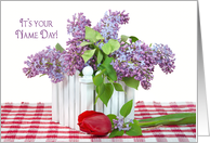 Name Day lilac bouquet with single red tulip on checked fabric card