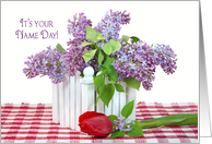 Name Day for Mom - lilac bouquet with single red tulip card