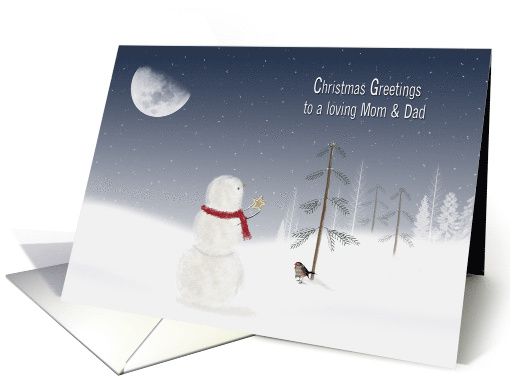 Mom and Dad's Christmas, snowman with gold star and moon card