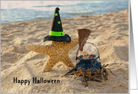 Halloween starfish on the beach with witch’s hat card
