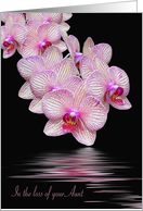 Loss of Aunt Sympathy-orchid blossoms with water reflection on black card
