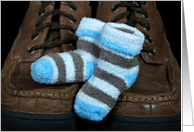 New Baby Boy announcement-baby boy sock on man’s shoes card