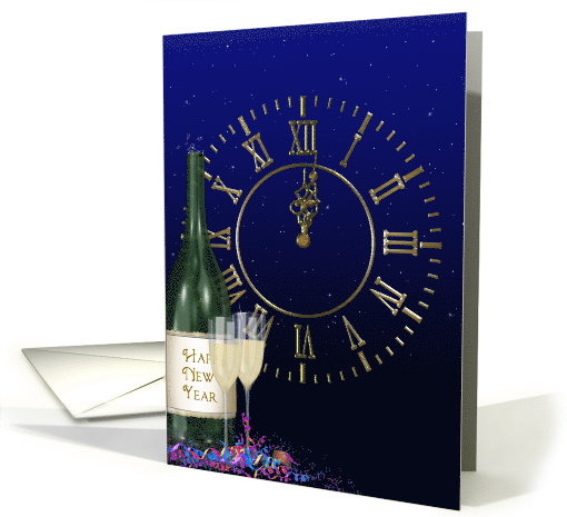 Happy New Year champagne bottle with clock and confetti card (1168526)