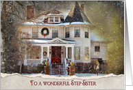Christmas for Step Sister, Old Victorian House In Snowflakes card
