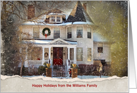 Christmas old Victorian house in snow with torn edge border card