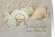 Granddaughter’s wedding with rings and seashells in sand card
