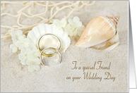 Friend’s Wedding, Rings on a Seashell in Beach Sand card