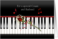 Cousins and husband anniversary, red rose on piano keys card