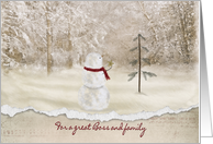 Christmas for Boss and family snowman with gold star in winter woods card