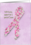 For Cousin Pink Ribbon with Flowers for Breast Cancer Survivor card