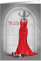 Maid of Honor Request for Friend-red dress with roses & black pumps card