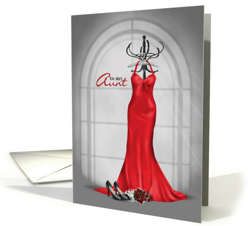 Maid of Honor request for Aunt-red dress, roses & black pumps card