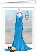 Bridesmaid request for Aunt-blue gown with shoes and bouquet card