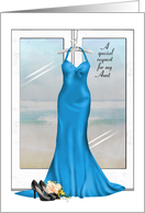 Maid of Honor request for Aunt-blue gown with shoes and bouquet card
