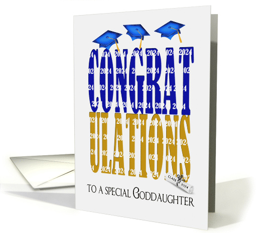 2024 Graduation For Goddaughter with Blue and Gold School Colors card