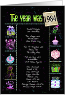 Birthday Party Invitation 1984 fun trivia facts on black with confetti card