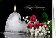Anniversary for wife, melting ice heart with flame and roses card