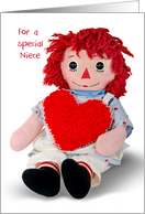 Birthday for Niece-old rag doll with red heart isolated on white card