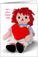 Name Day for Sister, old rag doll with red heart isolated on white card