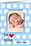 Valentine’s Day polka dot photo card with custom name and red hearts card