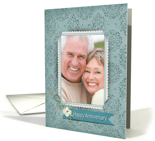 Anniversary photo card with heart bouquet on damask card (1239688)