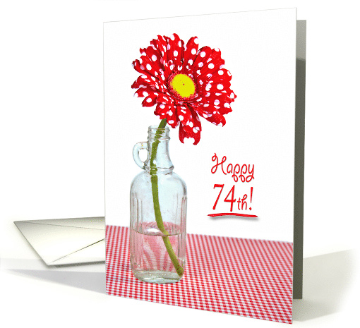 74th Birthday red and white polka dot daisy in a vintage bottle card
