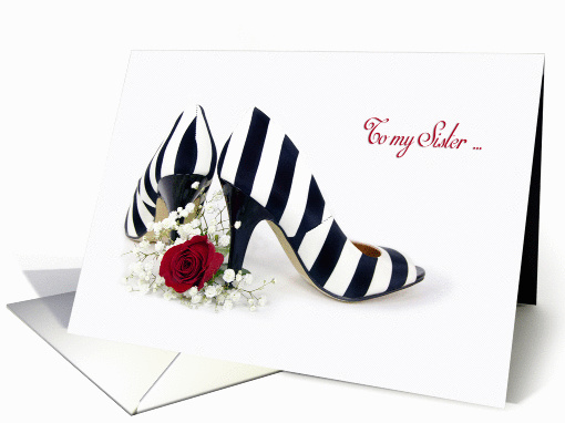 Maid of Honor request for Sister-striped pumps with red rose card