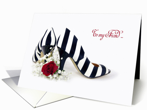 Matron of Honor request for Friend-striped pumps with red rose card