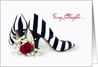 Matron of Honor request for Goddaughter-striped pumps with red rose card