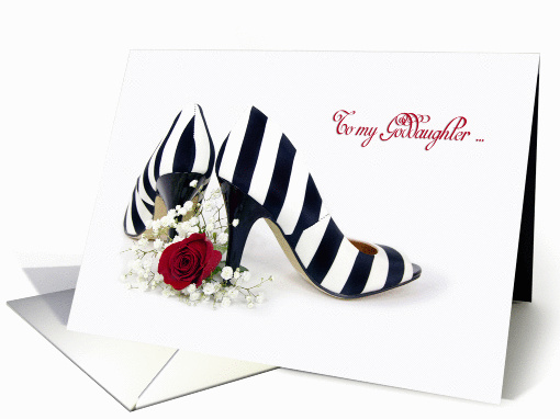 Bridesmaid request for Goddaughter-striped pumps with red rose card