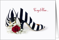 Matron of Honor request for Mom-striped pumps with red rose card